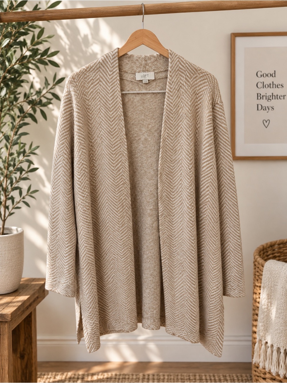 LOFT Outlet XL Herringbone Long Open Front Cardigan Beige Cream Thick